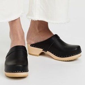 Swedish Hasbeens Husband Clogs Black Leather Upper Tan Block Heel Size 41 US 9.5